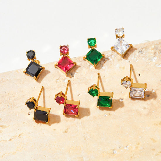 Immagine di Ipoallergenico Elegante Squisito 18K Vero Oro Placcato 304 Acciaio Inossidabile & Zircone Cubico Quadrato Tondo Orecchini a Perno Per Donne Compleanno 1 Paio