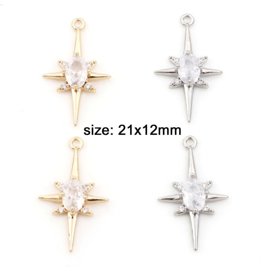 Picture of Brass Galaxy Charms Real Gold Plated Star Clear Cubic Zirconia 21mm x 12mm