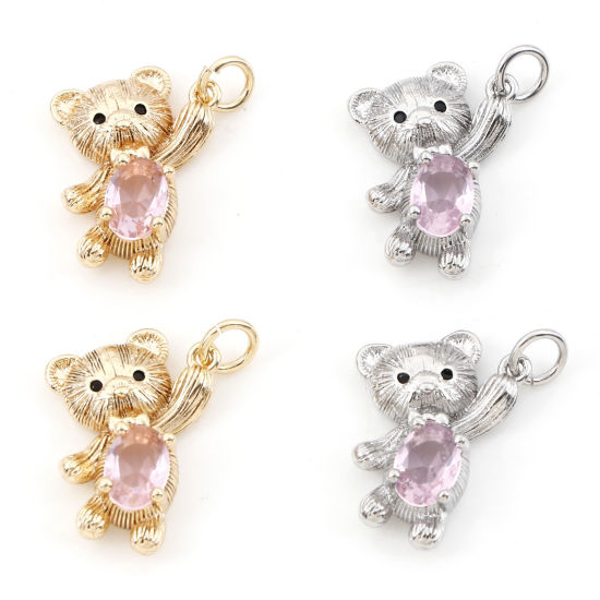 Imagen de Latón Colgantes Charms Oso Oro Real Chapado Rosa Claro Circón Artificial 22mm x 13mm, 2 Unidades