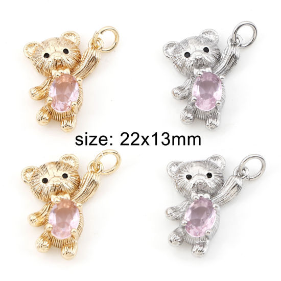 Imagen de Latón Colgantes Charms Oso Oro Real Chapado Rosa Claro Circón Artificial 22mm x 13mm, 2 Unidades