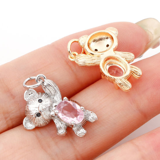 Imagen de Latón Colgantes Charms Oso Oro Real Chapado Rosa Claro Circón Artificial 22mm x 13mm, 2 Unidades