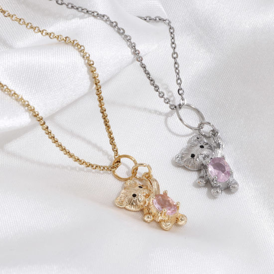 Imagen de Latón Colgantes Charms Oso Oro Real Chapado Rosa Claro Circón Artificial 22mm x 13mm, 2 Unidades