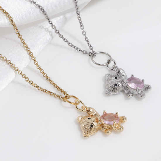 Imagen de Latón Colgantes Charms Oso Oro Real Chapado Rosa Claro Circón Artificial 22mm x 13mm, 2 Unidades