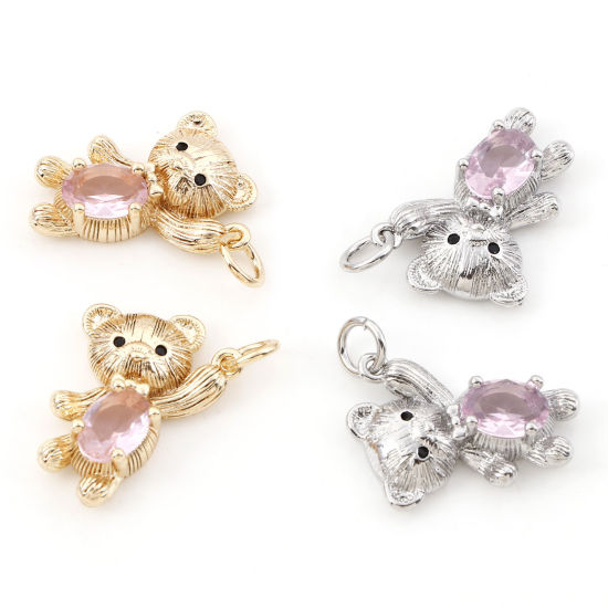 Imagen de Latón Colgantes Charms Oso Oro Real Chapado Rosa Claro Circón Artificial 22mm x 13mm, 2 Unidades