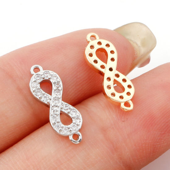 Picture of Brass Micro Pave Connectors Charms Pendants Infinity Symbol Real Gold Plated Clear Cubic Zirconia 15.5mm x 5mm                                                                                                                                                