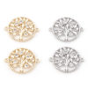 Picture of Brass Micro Pave Connectors Charms Pendants Round Tree of Life Real Gold Plated Hollow Clear Cubic Zirconia 22mm x 18mm