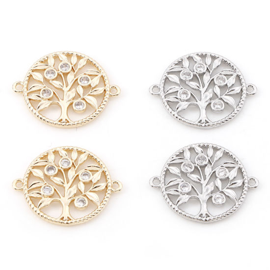Bild von Messing Micro Pave Steckverbinder Charms Anhänger Rund Lebensbaum Echtgold plattiert Hohl Klar Zirkonia 22mm x 18mm, 2 Stück