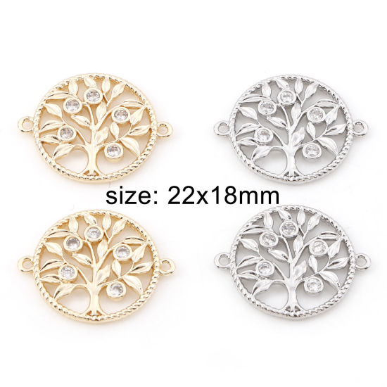 Bild von Messing Micro Pave Steckverbinder Charms Anhänger Rund Lebensbaum Echtgold plattiert Hohl Klar Zirkonia 22mm x 18mm, 2 Stück
