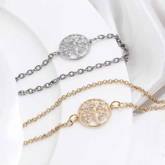 Bild von Messing Micro Pave Steckverbinder Charms Anhänger Rund Lebensbaum Echtgold plattiert Hohl Klar Zirkonia 22mm x 18mm, 2 Stück