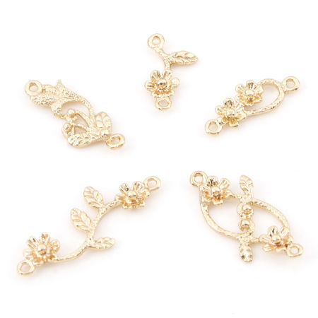 Image de Connecteurs Pendentifs Breloques en Laiton Feuilles de Fleur Plaqué Or Véritable 18K 3D 5 Pcs