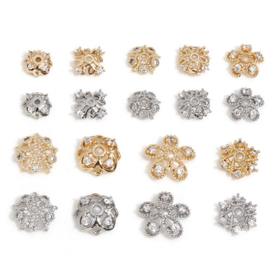 Picture of Brass Beads Caps Flower Real Gold Plated Clear Cubic Zirconia