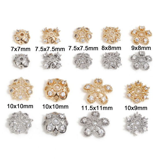 Picture of Brass Beads Caps Flower Real Gold Plated Clear Cubic Zirconia