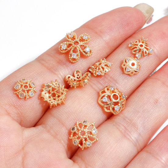 Picture of Brass Beads Caps Flower Real Gold Plated Clear Cubic Zirconia