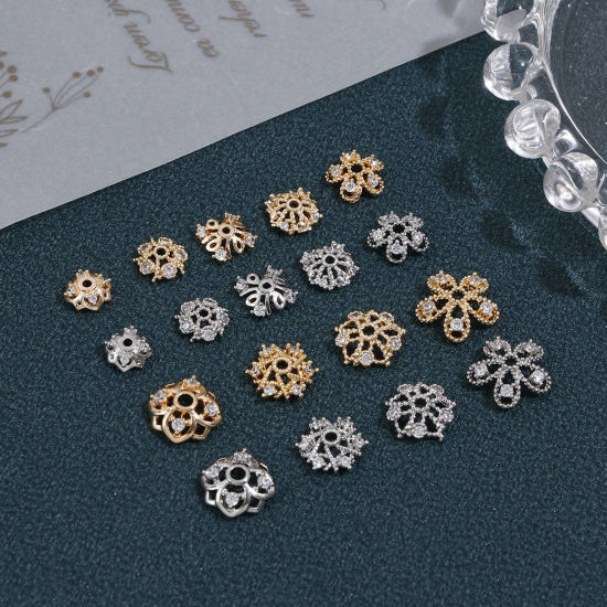 Picture of Brass Beads Caps Flower Real Gold Plated Clear Cubic Zirconia