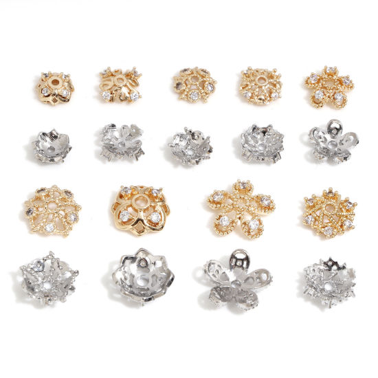 Picture of Brass Beads Caps Flower Real Gold Plated Clear Cubic Zirconia