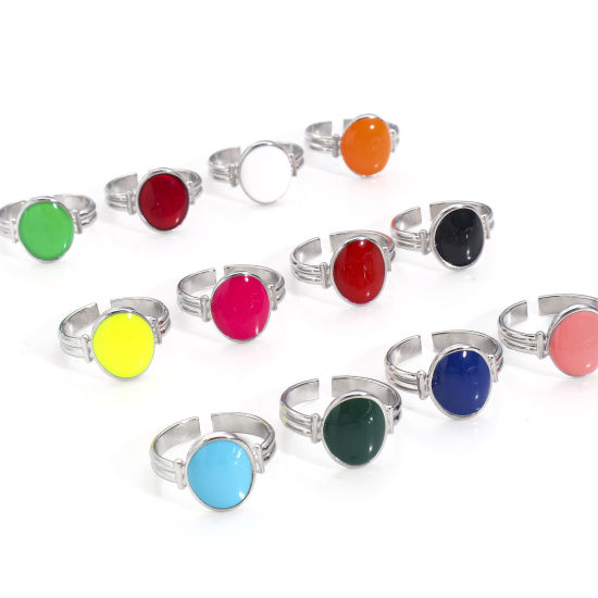 Picture of Eco-friendly 304 Stainless Steel Open Adjustable Rings Silver Tone Oval Enamel 16.9mm(US Size 6.5)