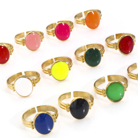 Eco-friendly Vacuum Plating 304 Stainless Steel Open Adjustable Rings 18K Gold Plated Oval Enamel 16.9mm(US Size 6.5)