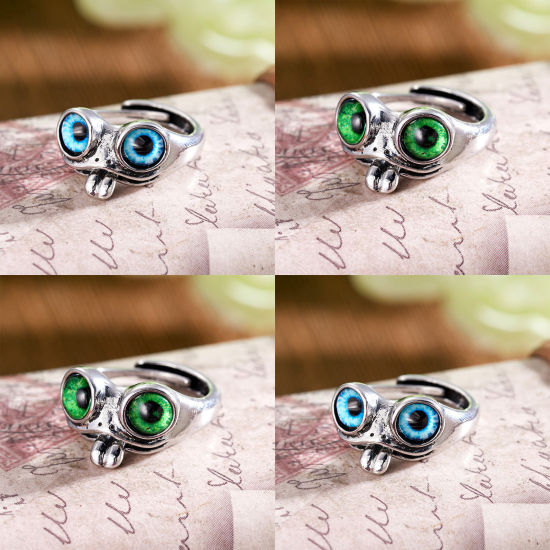 Picture of Retro Open Adjustable Rings Antique Silver Color Multicolor Frog Animal