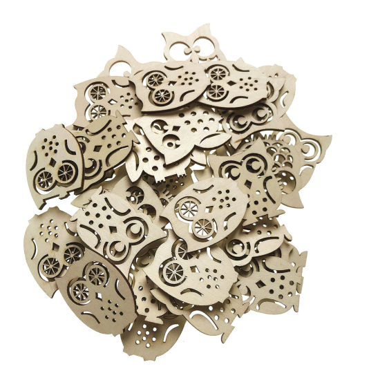 Picture of Wood Halloween DIY Handmade Craft Materials Accessories Natural Owl Animal Hollow 35-40mm