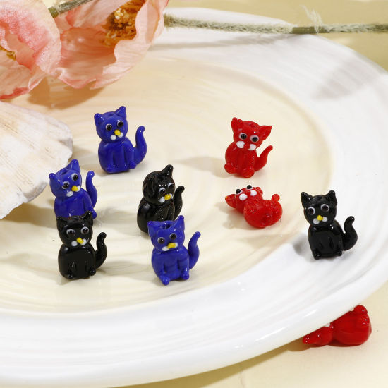 Bild von Muranoglas Perlen für die Herstellung von DIY-Charme-Schmuck Katze Bunt 3D ca 19mm x 14mm, Loch:ca. 1.6mm, 2 Stück