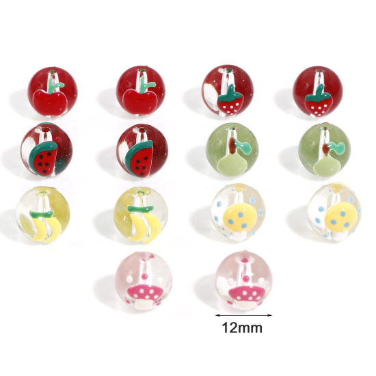 Image de 5 Pcs Perles pour DIY Fabrication de Bijoux en Verre au Chalumeau Rond Multicolore Fruits Émail 12mm Dia, Trou: 1.4mm