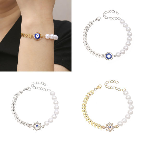 Picture of 304 Stainless Steel Bracelets Eye Imitation Pearl 17cm(6 6/8") long