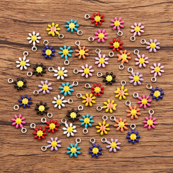 Picture of 304 Stainless Steel Flora Collection Charms Silver Tone Daisy Flower Enamel 10mm x 7mm
