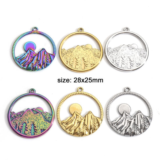 Image de Breloques en 304 Acier Inoxydable Voyage Rond Multicolore Montagne Creux 3 Pcs