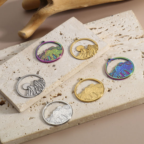 Image de Breloques en 304 Acier Inoxydable Voyage Rond Multicolore Montagne Creux 3 Pcs