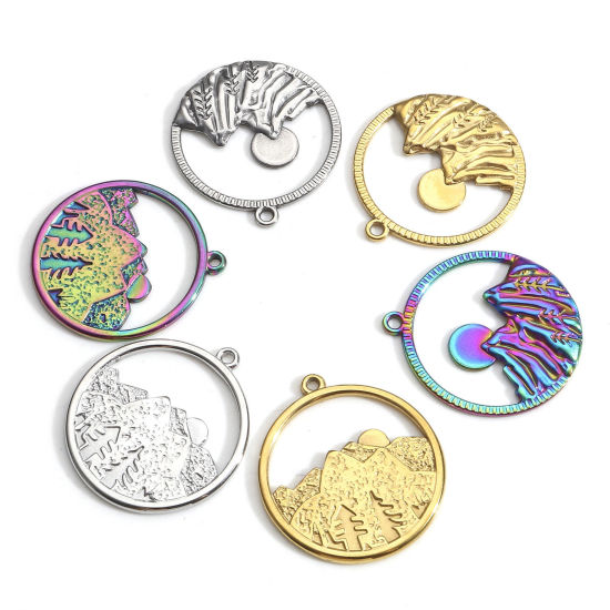 Image de Breloques en 304 Acier Inoxydable Voyage Rond Multicolore Montagne Creux 3 Pcs