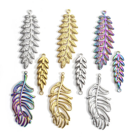 304 Stainless Steel Charms Multicolor Leaf Feather