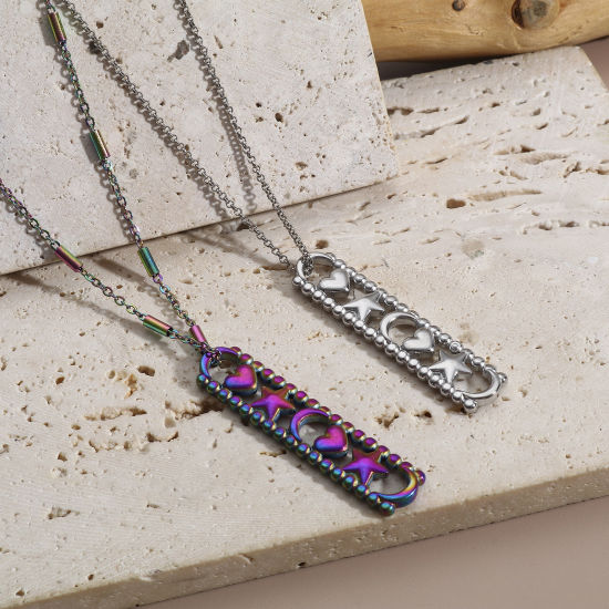 Immagine di 3 Pz Placcatura Sottovuoto 304 Acciaio Inossidabile Pendenti Charms Connettori Rettangolo Multicolore Sole & Luna