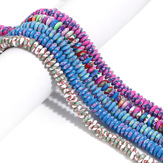 Bild von Polymer Ton Perlen für die DIY-Schmuckherstellung Untertasse Bunt, mit Blumen Muster, 9mm D., Loch: 1.5mm, 40cm lang/Strang, 105 Stk./Strang, 1 Strang