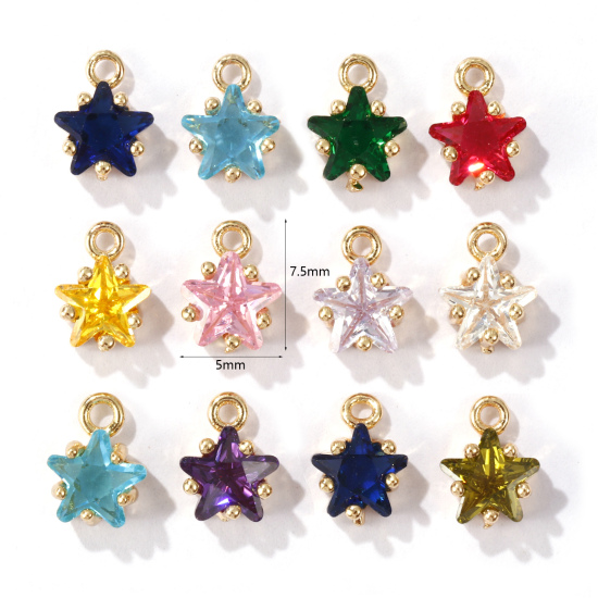 Imagen de Latón piedra del zodíaco Colgantes Charms Estrella 14K Oro Real Chappado Multicolor Circón Artificial 7.5mm x 5mm, 2 Unidades