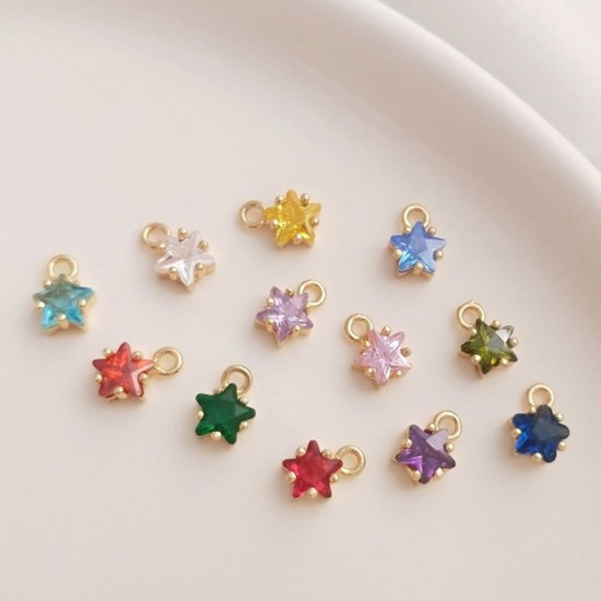 Imagen de Latón piedra del zodíaco Colgantes Charms Estrella 14K Oro Real Chappado Multicolor Circón Artificial 7.5mm x 5mm, 2 Unidades