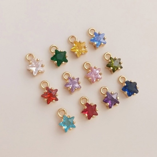 Imagen de Latón piedra del zodíaco Colgantes Charms Estrella 14K Oro Real Chappado Multicolor Circón Artificial 7.5mm x 5mm, 2 Unidades