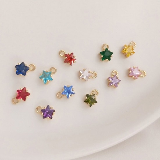 Imagen de Latón piedra del zodíaco Colgantes Charms Estrella 14K Oro Real Chappado Multicolor Circón Artificial 7.5mm x 5mm, 2 Unidades