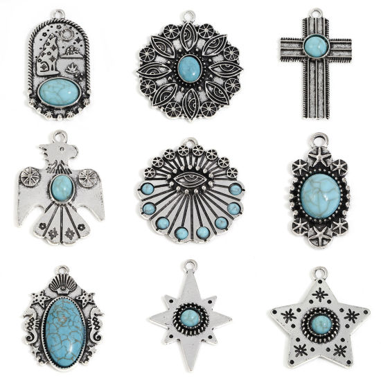Bild von Zinklegierung Böhmischer Stil Anhänger Antiksilber Cyan Donnervogel Auge Mit Harz Imitat Howlith Cabochons 5 Stück