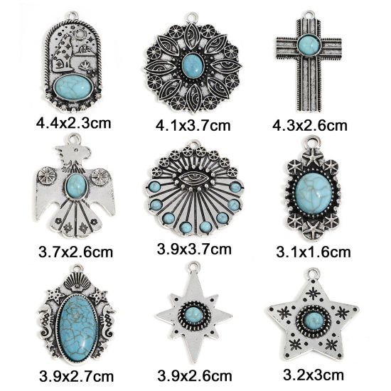 Bild von Zinklegierung Böhmischer Stil Anhänger Antiksilber Cyan Donnervogel Auge Mit Harz Imitat Howlith Cabochons 5 Stück