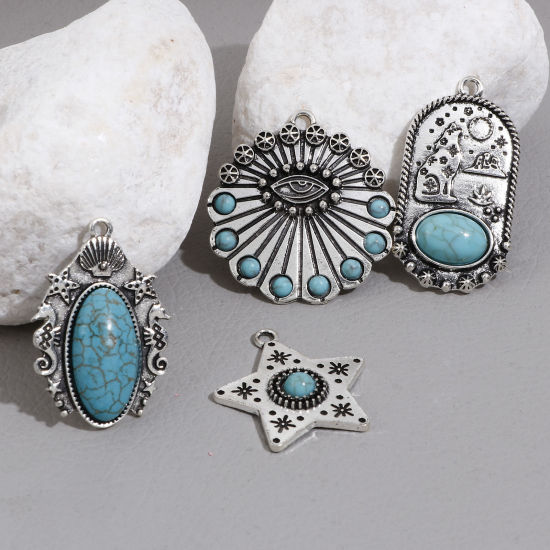 Bild von Zinklegierung Böhmischer Stil Anhänger Antiksilber Cyan Donnervogel Auge Mit Harz Imitat Howlith Cabochons 5 Stück