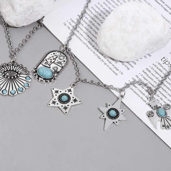 Bild von Zinklegierung Böhmischer Stil Anhänger Antiksilber Cyan Donnervogel Auge Mit Harz Imitat Howlith Cabochons 5 Stück