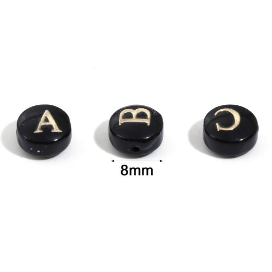 Image de Perles pour DIY Fabrication de Bijoux de Charme en Coquille Rond Noir Alphabet Initial/ Lettre Majuscule Mots" A-Z " Double Face 8mm Dia, Taille de Trou: 0.5mm, 5 Pcs
