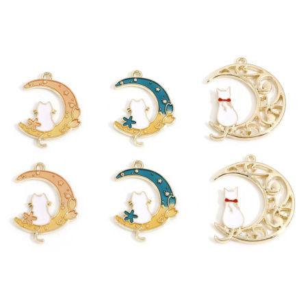 Zamak Galaxia Colgantes Charms Chapado en Oro Luna Media Gato Esmalte 10 Unidades