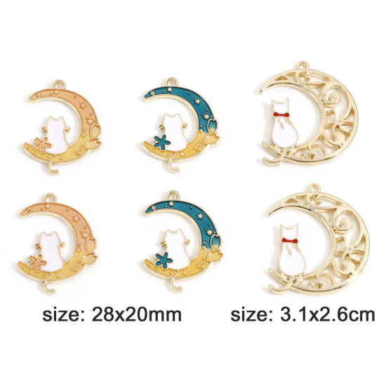 Imagen de Zamak Galaxia Colgantes Charms Chapado en Oro Luna Media Gato Esmalte 10 Unidades