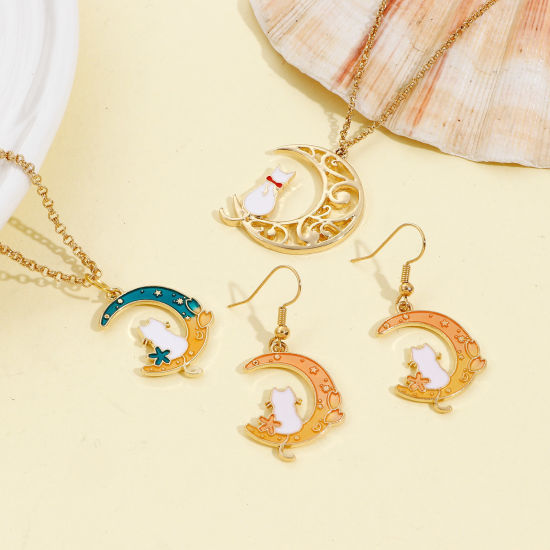 Imagen de Zamak Galaxia Colgantes Charms Chapado en Oro Luna Media Gato Esmalte 10 Unidades