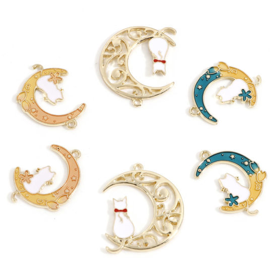 Imagen de Zamak Galaxia Colgantes Charms Chapado en Oro Luna Media Gato Esmalte 10 Unidades