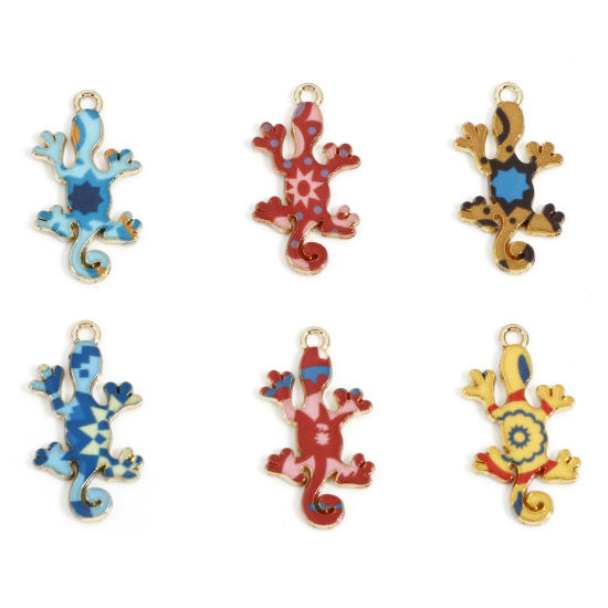 Image de Breloques en Alliage de Zinc Doré Multicolore Lézard Émail 27mm x 14mm, 10 Pcs