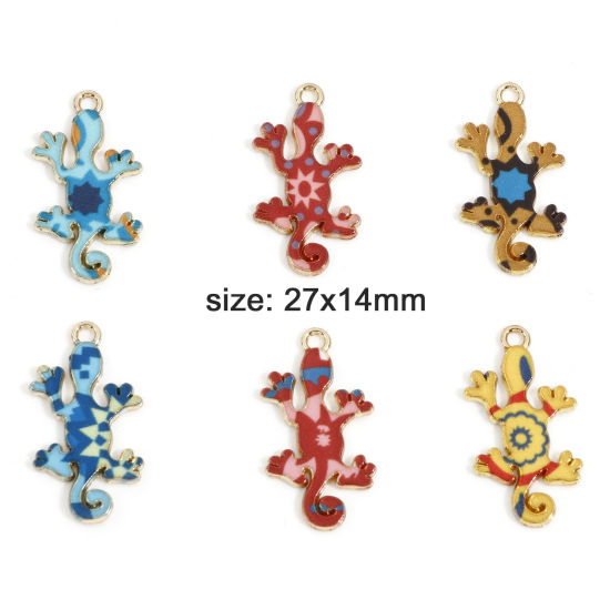 Image de Breloques en Alliage de Zinc Doré Multicolore Lézard Émail 27mm x 14mm, 10 Pcs
