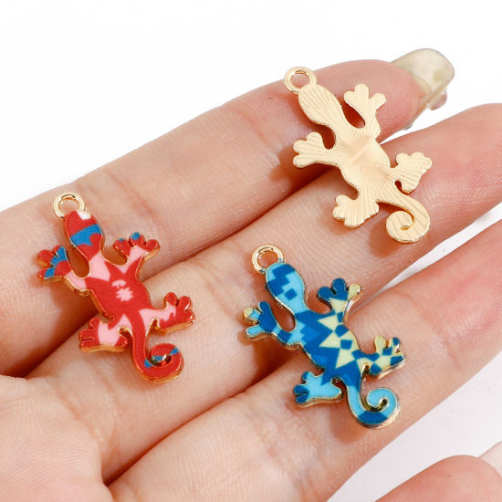 Image de Breloques en Alliage de Zinc Doré Multicolore Lézard Émail 27mm x 14mm, 10 Pcs