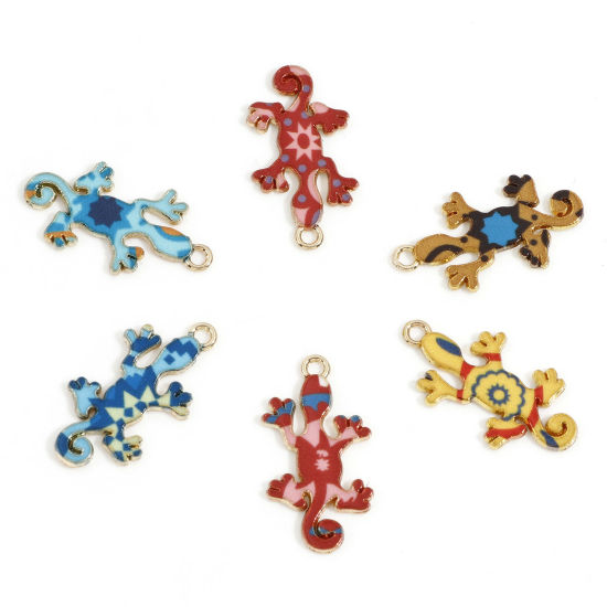 Image de Breloques en Alliage de Zinc Doré Multicolore Lézard Émail 27mm x 14mm, 10 Pcs
